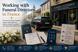 French funeral director (Pompes Fun&egrave;bres) assisting a family after a bereavement with funeral arrangements, repatriation and local support during a French succession.